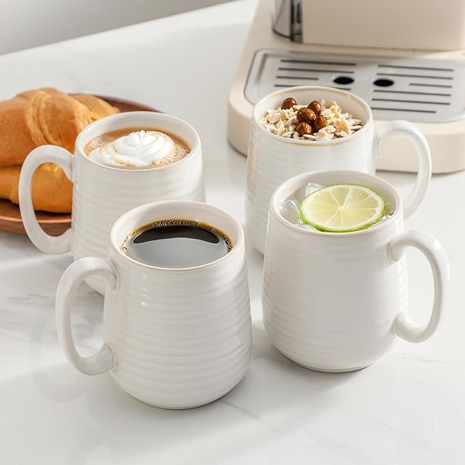 MEKY Coffee Mugs Set for 4,15oz Ceramic Coffee Cups for Hot Tea, Cappuccino, Latte, Cocoa, Milk, Mug Set for Women and Men as Holiday Gifts, Dishwasher and Microwave Safe, Arctic White