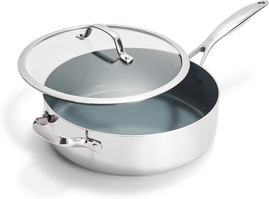 GreenPan Valencia Pro Tri-Ply Stainless Steel 5QT Saut챕 Pan with Lid, Ceramic Nonstick PFAS-Free Coating, Multi Clad Cookware, Induction, Dishwasher Oven and Broiler Safe