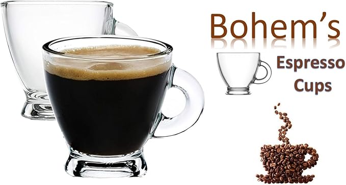 BOHEM'S Espresso Cups, 3.2 oz Small Demitasse Clear Glass Espresso Drinkware, Set of 2, Espresso Shot Glasses, Clear Expresso Coffee Cups, Tazas de Cafe Expreso