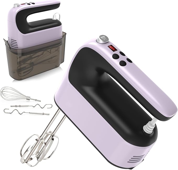 9-Speed Digital Hand Mixer Electric, 400W Powerful DC Motor, Baking Handheld with Snap-On Storage Case, 5 Stainless Steel Accessories, Flat Beaters, Dough Hooks, Whisk(Purple/Black)