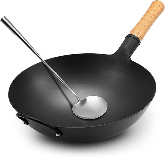WANGYUANJI Iron Wok, 14.17 inch Traditional Round-Bottom Wok, Chef?셲 Professional Stir-Fry Pan with Wooden Handle, Chemical-Free Iron Wok for Gas Stoves and Round-Bottom Induction Stovetop