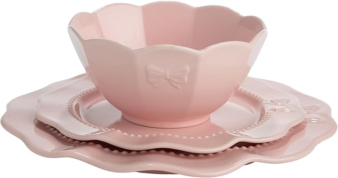 Paris Hilton 12-Piece Dinnerware Set, Embossed Bow Design, Iconic Ceramic Stoneware Service for 4 with Dinner Plates, Salad Plates, and Bowls, Microwave & Dishwasher Safe, Pink