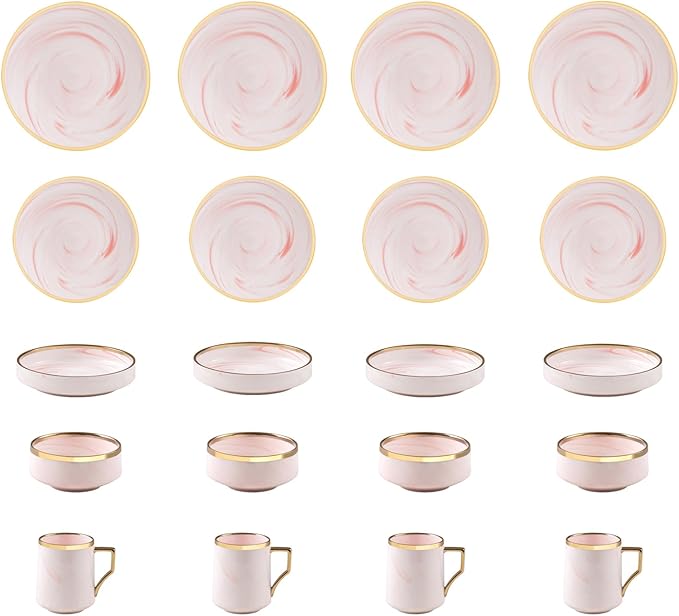 20 Piece Plates and Bowls Sets, Fine China Artisan Marbled Dinner Set for 4, Dishwahser Safe, Scratch Resistant, Pink with Gold Line