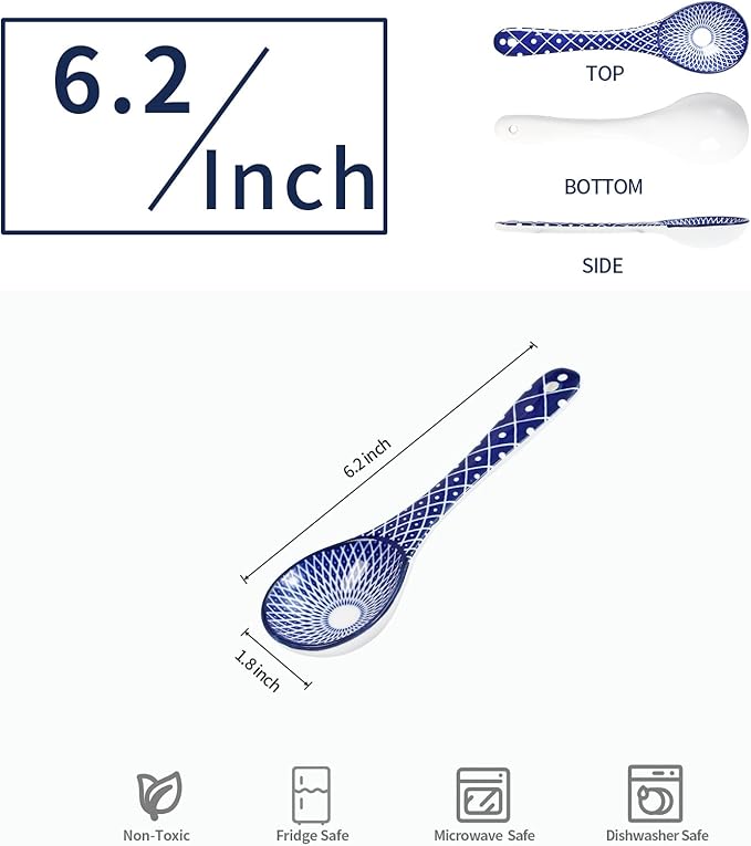 Selamica Ceramic Soup Spoons, 6.2 Inch Small Serving Spoons for Cereal, Yogurt, Dips, Ice Cream, Spoon Set of 6, Dishwasher & Microwave Safe, Vintage Blue
