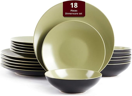 Stoneware Two-Tone Colors Life 18pc Dinner Set竊똎utside Shiny Black + Inside Matte Glaze Olive