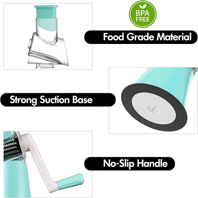 Ancevsk Cheese Grater Hand Crank, Rotary Vegetable Shredder with Handle and Strong Suction base, 3 in 1 Kitchen Speed Spin Veggie Slicer Nut Grinder for Pizza Top, Hash brown, Salad and More (Blue)