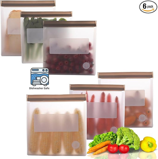 Reusable Food Storage Bags ??6-Pack Stand-Up, BPA-Free, Freezer, Dishwasher Safe & Eco-Friendly ??6 Gallon Bags ??Airtight Leakproof, Organization and Storage Baggies (Grey)
