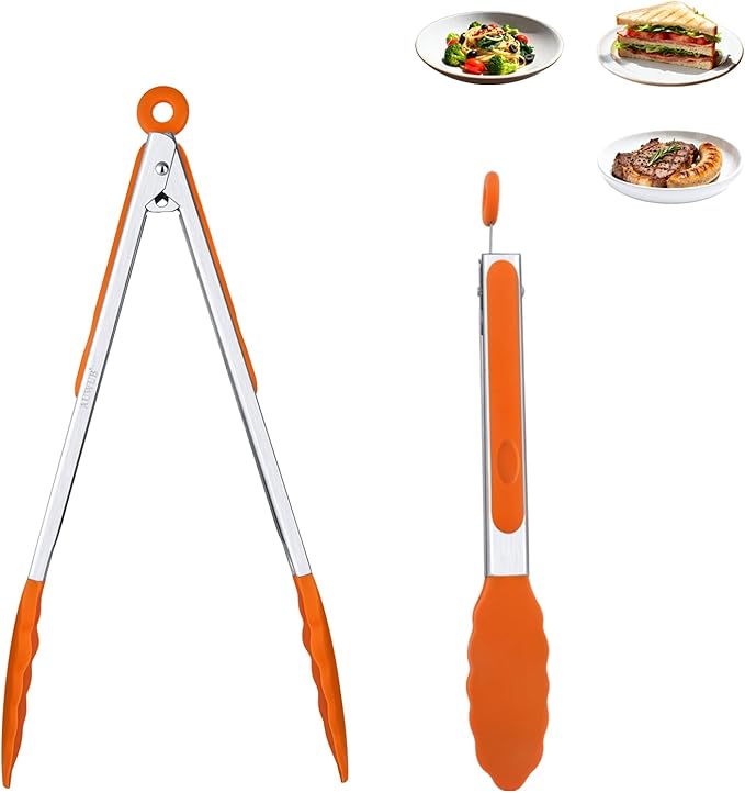 Salad Tongs, 7/9/12/16 Inch Silicone Food Tongs with 304 Stainless Steel Core, Easy-Grip, in Pistachio, Black, Blue, Orange, Red (Orang, 9+12inch)