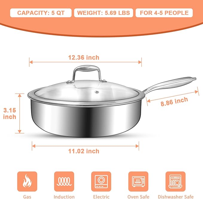 EWFEN 12 Inch Tri-Ply Stainless Steel Frying Pan, Deep Frying Pan with lids, Compatible with All Cooktops Up to 600?? Induction Cooking Pan, Dishwasher and Oven Safe, Fast & Even Heat