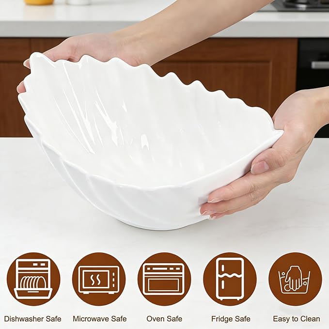 Hacaroa 50 Oz Ceramic Salad Bowl, 11 Inch Medium Serving Bowl White Soup Bowls with Wooden Utensils, Decorative Leaf Shape Mixing Bowl for Pasta, Stew, Fruit, Snacks, Microwave Dishwasher Safe
