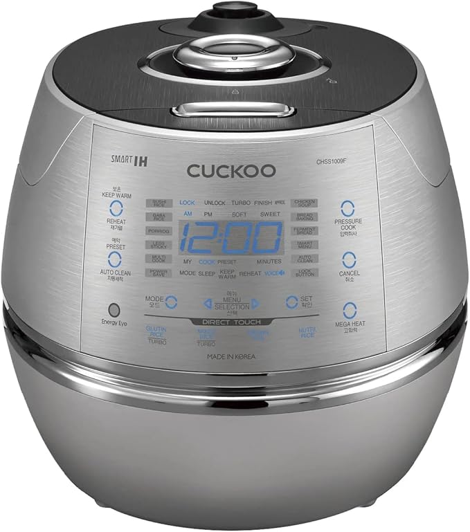 CUCKOO High Pressure Rice Cooker 10-Cup Uncooked / 20-Cup Cooked with Induction Heating Technology, Large Rice Maker with 17 Menu Options and Steam Plate, Voice Guide, Silver (CRP-CHSS1009FN)