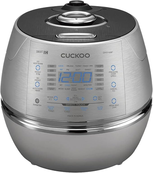 CUCKOO High Pressure Rice Cooker 10-Cup Uncooked / 20-Cup Cooked with Induction Heating Technology, Large Rice Maker with 17 Menu Options and Steam Plate, Voice Guide, Silver (CRP-CHSS1009FN)