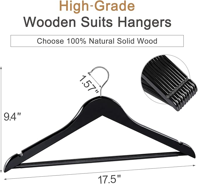 TOPIA HANGER Wooden Hangers 20 Pack, Black Wood Coat Hangers for Closet with Non-Slip Pants Bar, 360째 Swivel Hook and Shoulder Notches for Camisole, Suit, Jacket, Pants-CT34B20