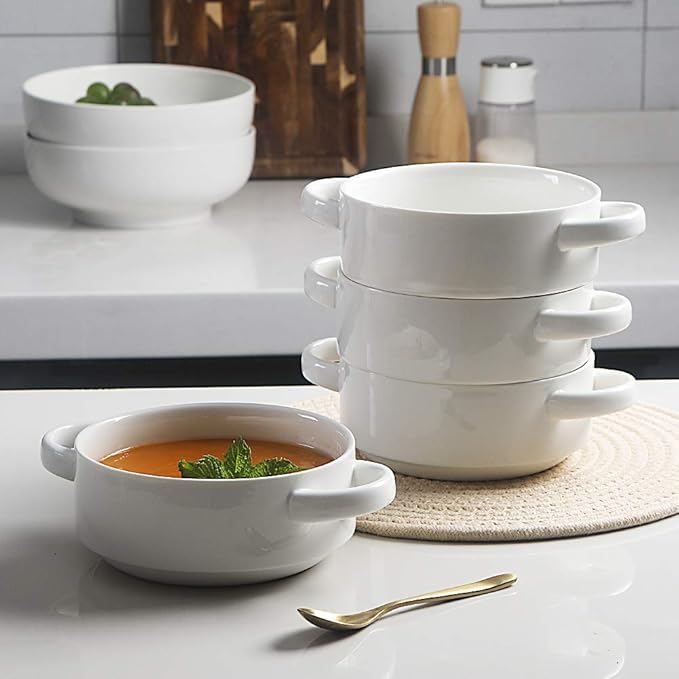 Sweejar Ceramic Soup Bowls with Double Handles, 20 Oz Stacked Bowls for French Onion Soup, Cereal, Pot Pies, Stew, Chill, Pasta, Set of 4(Beige)
