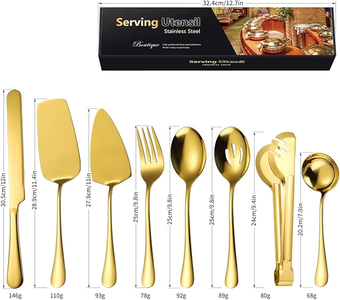 AARAINBOW Hostess Serving Utensils Set Large, 8 Pcs Stainless Steel Serving Utensils for Parties Buffet, Flatware Serving Sets with Serving Spoon Slotted Spoons Serving Forks (Golden)