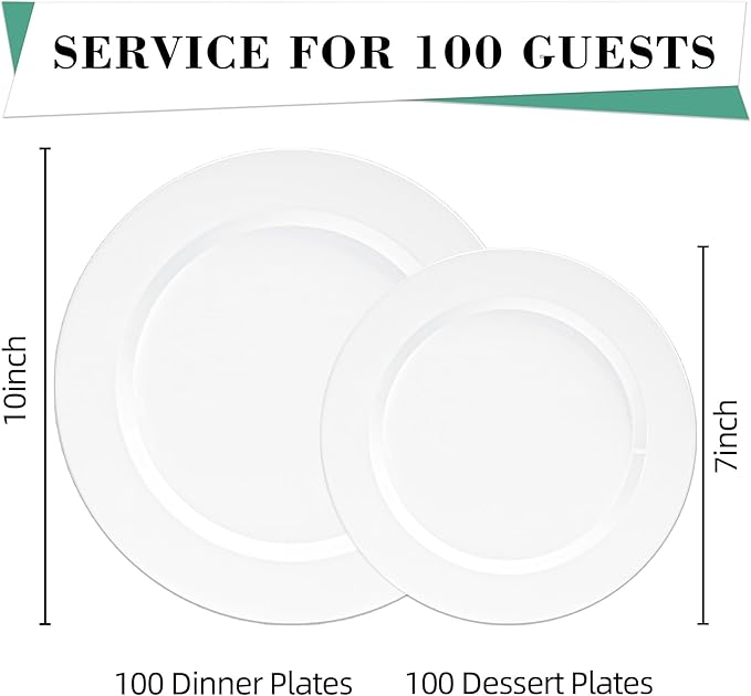 200PCS White Plastic Plates, Heavy Duty Plastic Plate Disposable, Include 100 Dinner and 100 Dessert Plates for Party and Wedding
