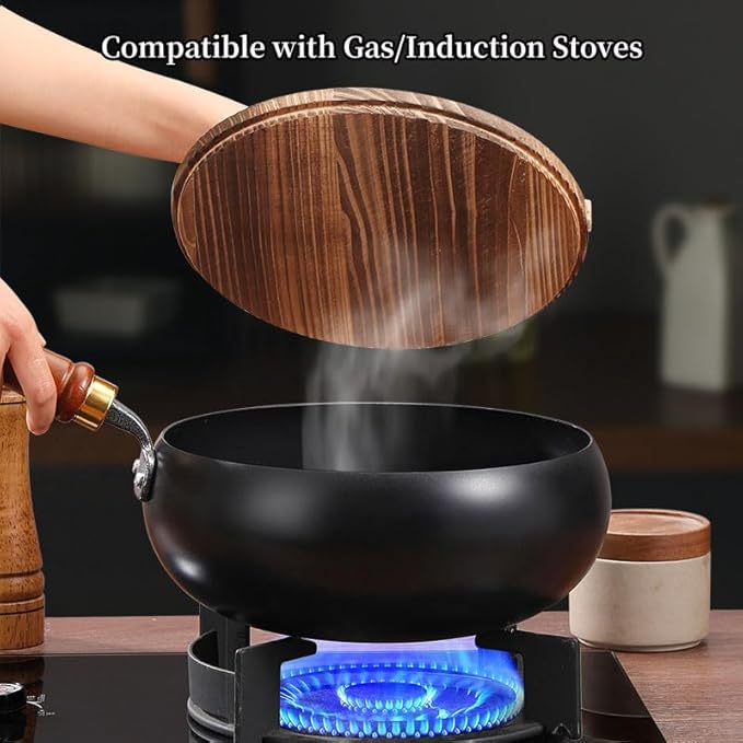 Carbon Steel Wok Pan, 11??Woks & Stir-Fry Pans with wooden Lid Cookwares, Nonstick Wok Flat Bottom Small Handmade Chinese Wok For for All Stoves