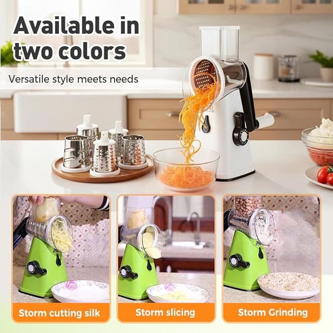 5 In 1 Food Chopper, 2026 New Rotary Cheese Grater - 3 Interchangeable Blades Manual Speed Round Food Slicer, Nut Grinder with Strong Suction Base (White)