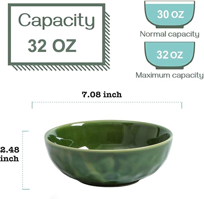 vicrays Ceramic Pasta Bowls Set, 32 Ounce Soup Bowls, Large Salad Bowls, Chip Resistant, Dishwasher Microwave Safe, Fluted stoneware Bowls for Kitchen, Serving Bowls, Set of 6 (Green)