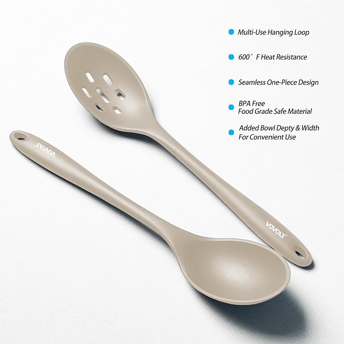 Silicone Slotted Spoons for Cooking - Extra Large Kitchen Spoons for Mixing, Serving, & Stirring - 600째F Heat-Resistant Non Stick Utensils Skimmer- Dishwasher Safe, Khaki