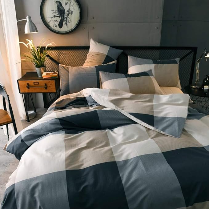 King Comforter Set Modern Style Checkered Pattern Comforter Boho Plaid Comforter Set 1 Geometric Comforter with 2 Pillow Shams Fluffy Bedding Set for All Seasons King Size Comforter Set for Men Women