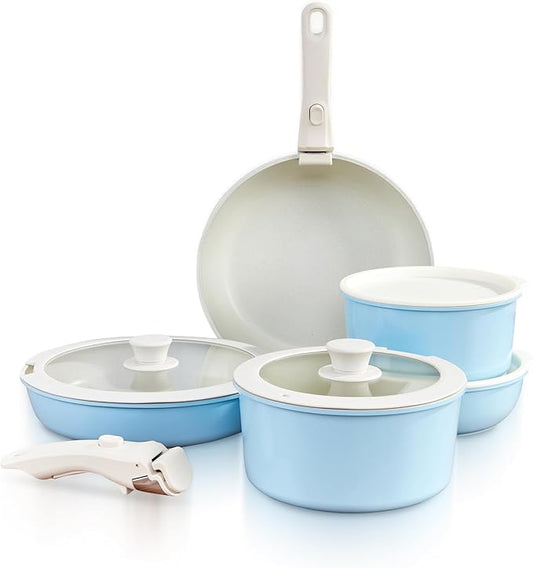 GOURMETIFIC짰 Pots and Pans Cookware Set [11 PIECES] - Non Toxic Ceramic Coated Cooking Ware - Induction, Gas & Oven Kitchenware - Non Stick Pot & Pan with Removable Handles & Stackable (Sky Blue)