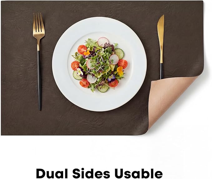 Artoid Mode Coffee Faux Leather Placemats Set of 6, 12x18 Inch Waterproof Wipeable Heat Resistant Place Mats, Reversible Table Mats for Kitchen Dining Decor