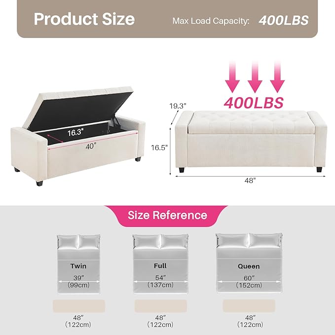 Redlife 48in Ottoman Bench with Storage, End of Bed Storage Bench, Button Tufted Bedroom Bench with Safety Hinges, Large Ottoman for Bedroom, Living Room, Entryway (Beige)