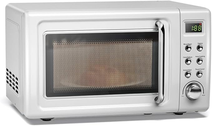 ARLIME Retro Microwave 0.7Cu.ft, 700 Watt Countertop Microwave with 5 Micro Power Defrost & Auto Cooking Function, LED Display, Child Lock, Small Microwave for Kitchen, RV, Dorm (White)
