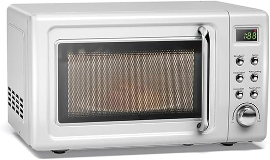 ARLIME Retro Microwave 0.7Cu.ft, 700 Watt Countertop Microwave with 5 Micro Power Defrost & Auto Cooking Function, LED Display, Child Lock, Small Microwave for Kitchen, RV, Dorm (White)