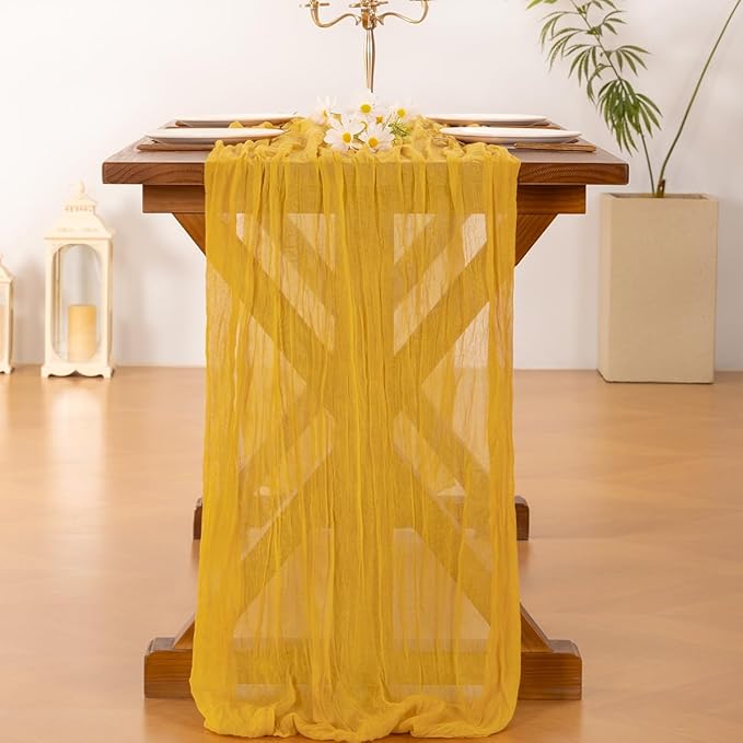 Socomi 10pcs Gold Yellow Cheesecloth Table Runner Boho Rustic Gauze 120 inch 10FT Cheese Cloth Runner for Wedding Party Baby Shower Birthday Home Decor Holiday Decorations