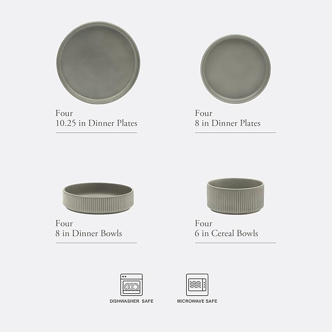 Gibson Elite Deerfield 16-Piece Stoneware Dinnerware Set ??Soft Grey Reactive Glaze, Stackable Plates and Bowls, Service for 4 ??Microwave & Dishwasher Safe
