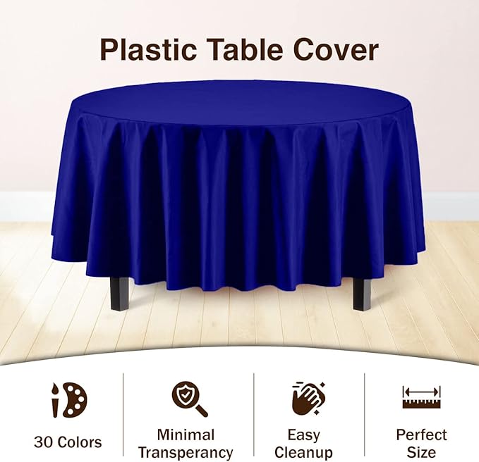 Party Solids Pack Of 6 Premium Plastic Tablecloth 84 Inch Round Plastic Table Cover - Navy