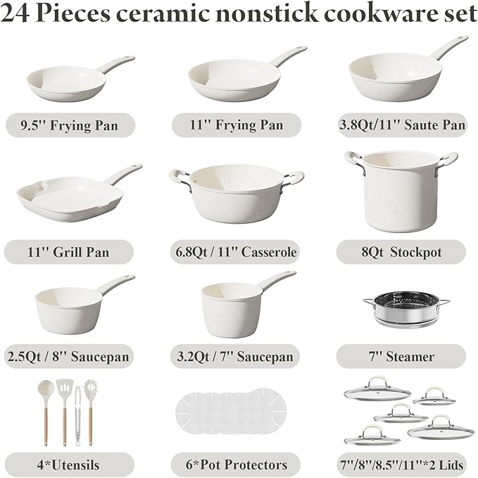 24 Pcs Pots and Pans Set Non Stick, Ceramic Cookware Set with 8QT Stock Pot, Healthy Non Toxic Kitchen Cookware, Large Capacity, Induction Compatible, PFAS/PTFE/PFOA/PFOS Free, Cream White