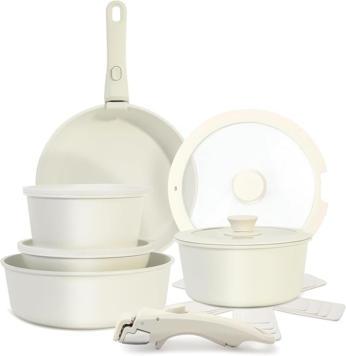 15-Piece Ceramic Nonstick Pots and Pans Set ??Kitchen Cookware with Detachable Handle, RV Camping Cookware Set ??Oven & Dishwasher Safe, PFOA-Free ??Cream White