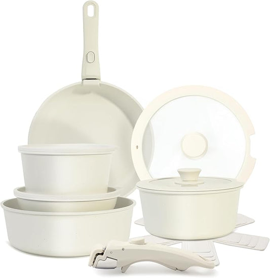 15-Piece Ceramic Nonstick Pots and Pans Set ??Kitchen Cookware with Detachable Handle, RV Camping Cookware Set ??Oven & Dishwasher Safe, PFOA-Free ??Cream White