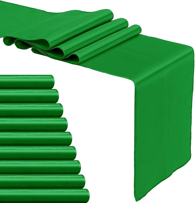 10-Pack Emerald Green Satin Table Runner 12 x 108 Inch Long Bright and Smooth Silk Fabric Table Runner for Wedding Banquet Birthday Party Decoration