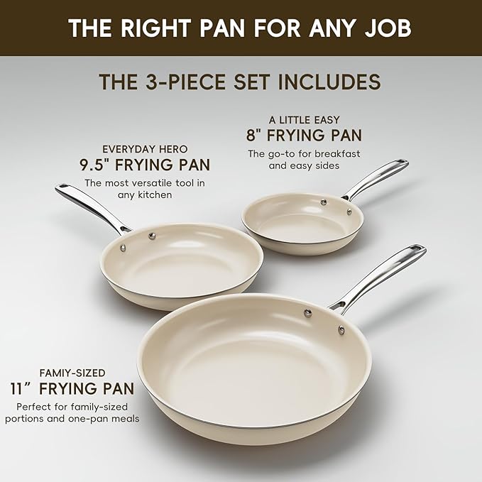 Ceramic Nonstick Frying Pans Set, Fry Pan Skillet, Non Toxic Pans for Cooking, Egg Pans竊똈nduction Suitable竊똏FAS-Free Cookware, Dishwasher Safe, Oven Safe (Cream White, 8''+9.5''+11")