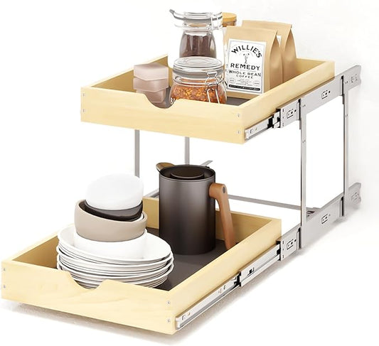 YORKING 2 Tier Pull Out Cabinet Organizer,17" W x 21" D Wooden Cabinet Pull Out Shelves,Heavy-Duty Slide out Wood Drawer Shelf,Pull Out Drawer for Cabinets,Pantry, Bathroom,Kitchen