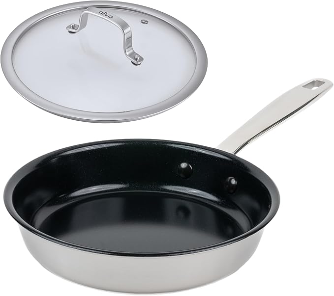Alva Maestro Nonstick Stainless Steel Frying Pan??" ??Compact Non?멦oxic Skillet, No PFAS/PFOA/PTFE, Induction & Oven Safe, Even?멖eat Design, Easy?멌lean Surface with Glass Lid