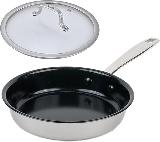 Alva Maestro Nonstick Stainless Steel Frying Pan??" ??Compact Non?멦oxic Skillet, No PFAS/PFOA/PTFE, Induction & Oven Safe, Even?멖eat Design, Easy?멌lean Surface with Glass Lid