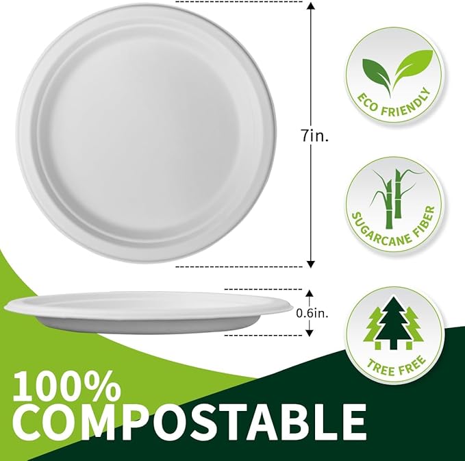 7 Inch Compostable Paper Plates ?륹hite 150 Pack?? 100% Sugarcane Bagasse Small Dessert Plates, Bulk Disposable Plates, Sturdy Heavy Duty, Biodegradable Dinnerware for Party, Picnic, BBQ