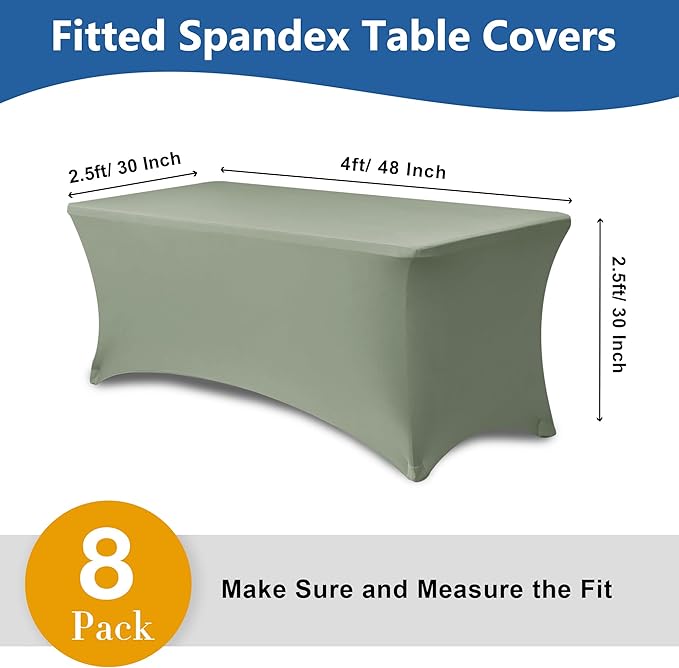 Enjoyidea Fitted Table Cover for 4ft Rectangular Tables-8 Pack Sage Stretch Spandex Tablecloths-Elastic Folding Tablecloths for Party, Vendor Booth Display, Banquet Buffet Event, Craft Trade Show