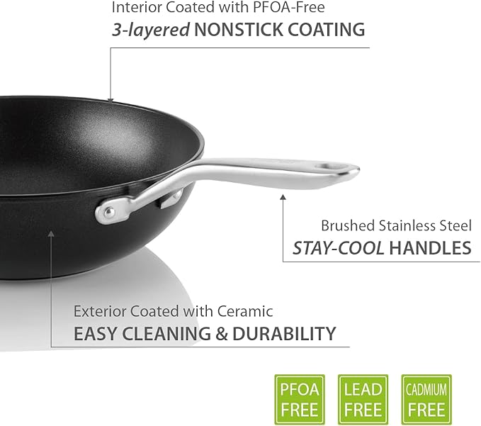 TECHEF - Onyx Collection, 12-Inch Nonstick Flat Bottom Wok/Stir-Fry Pan - PFOA Free, Dishwasher and Oven Safe, Made in Korea