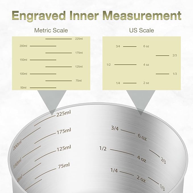 BERYLER 1PCS 1Cup (240ml, 8oz) Single Measuring Cup, Etched Inner Scale Stainless Steel Measure Scoop, Metric and US Measurement, Dishwasher Safe
