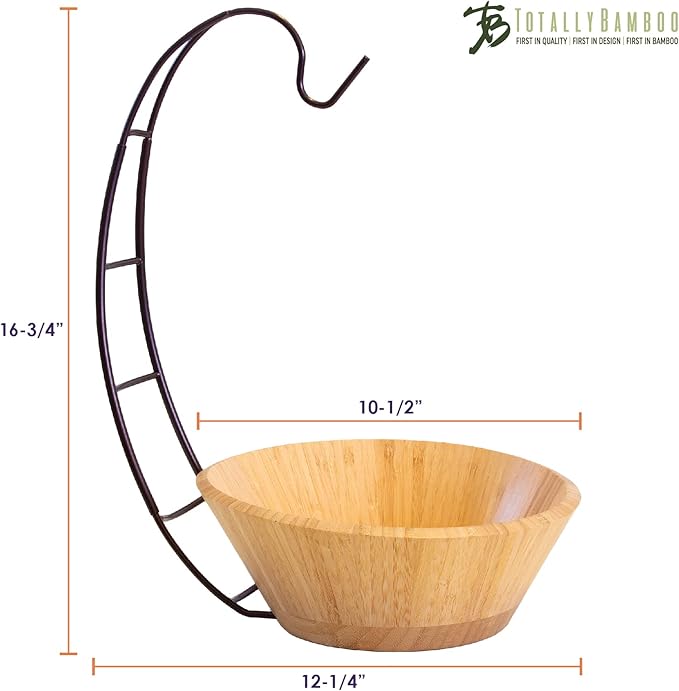 Totally Bamboo Fruit Basket Bowl with Banana Holder Hanging Hook, Bamboo Wood Fruit Bowl for Kitchen Counter