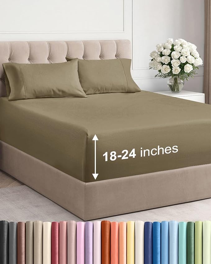 Extra Deep Pocket King Sheets - 4 Piece Breathable & Cooling Bed Sheets - Hotel Luxury Bed Sheet Set - Soft, Wrinkle Free & Comfy - Easily Fits Extra Deep Mattresses - Deep Pocket Khaki Sheets Set