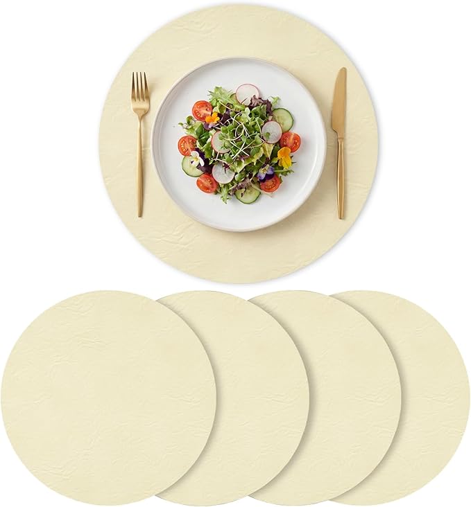 Artoid Mode Beige Faux Leather Placemats Set of 4, 15 Inch Waterproof Wipeable Heat Resistant Place Mats, Reversible Table Mats for Kitchen Dining Decor