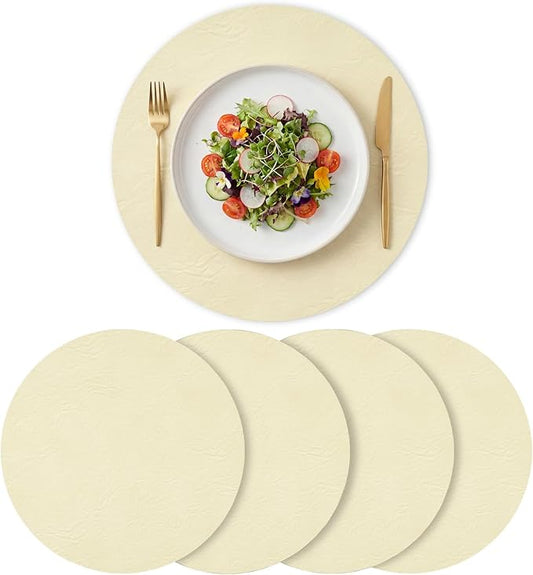 Artoid Mode Beige Faux Leather Placemats Set of 4, 15 Inch Waterproof Wipeable Heat Resistant Place Mats, Reversible Table Mats for Kitchen Dining Decor