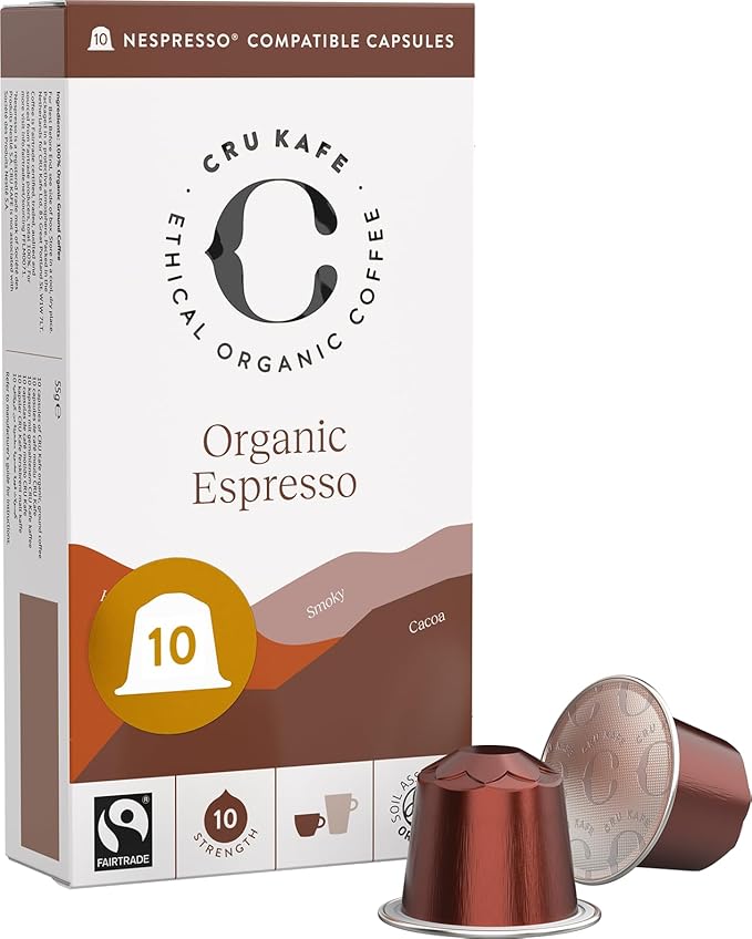 Cru Kafe Strong Espresso USDA Organic Espresso Coffee Capsules (10 Pods) Fairtrade Coffee Pods Compatible with Nespresso Original Line and Pixie Machines